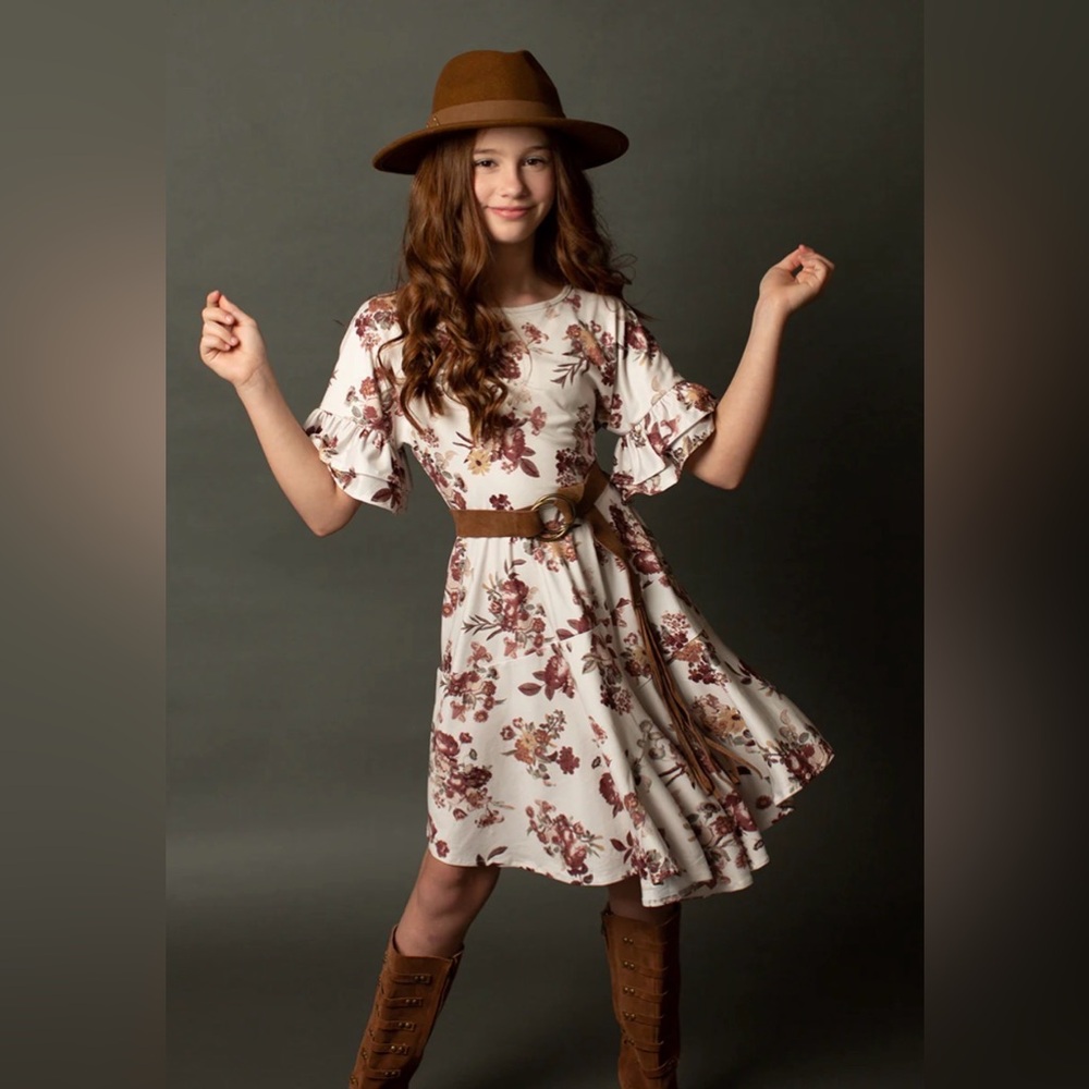 Joyfolie Girls Emilia Dress Ecru Floral White Red Ruffle Western Boho Dress, 10‎
